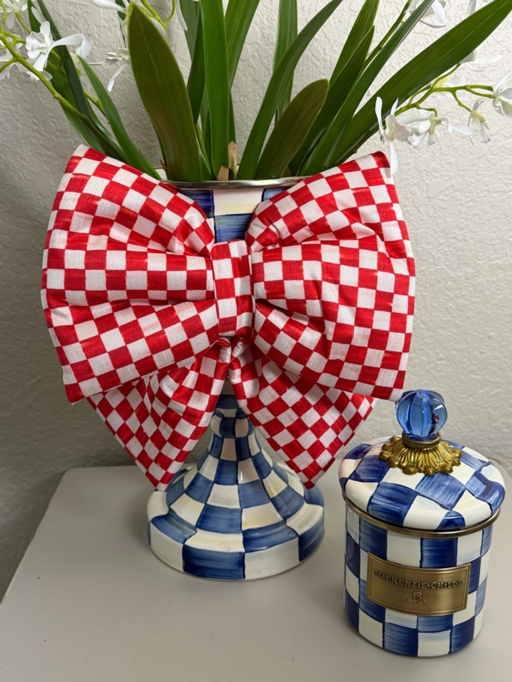Brand New Mackenzie Childs Red Check Medium Puff Bow Fourth Of July Holiday